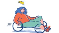 femme sur vélo couché avec drapeau